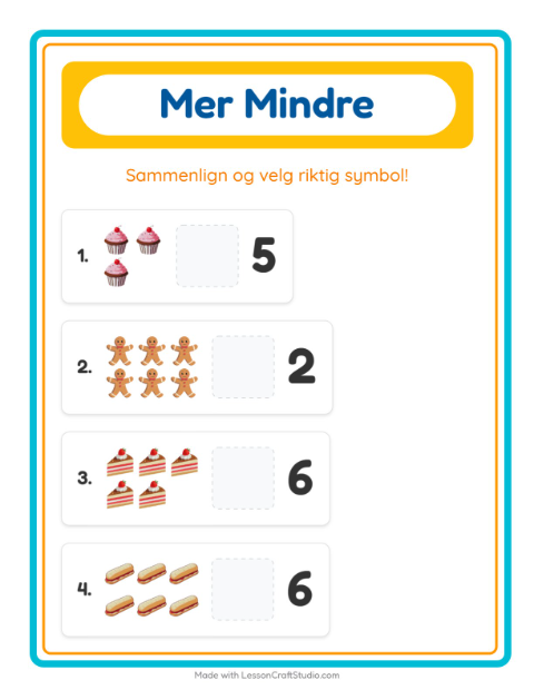 Forhåndsvisning av Mer Eller Mindre-arbeidsark med Bakeri for Barnehage (3-5 år)