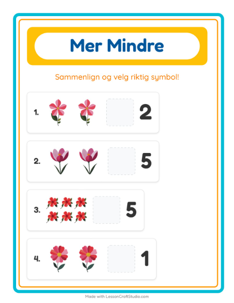 Forhåndsvisning av Mer Eller Mindre-arbeidsark med Blomster for Barnehage (3-5 år)
