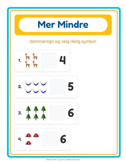 Forhåndsvisning av Mer Eller Mindre-arbeidsark med Camping for Barnehage (3-5 år)