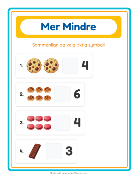 Forhåndsvisning av Mer Eller Mindre-arbeidsark med Desserter og godteri for Barnehage (3-5 år)