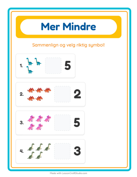 Forhåndsvisning av Mer Eller Mindre-arbeidsark med Dinosaurer for Barnehage (3-5 år)