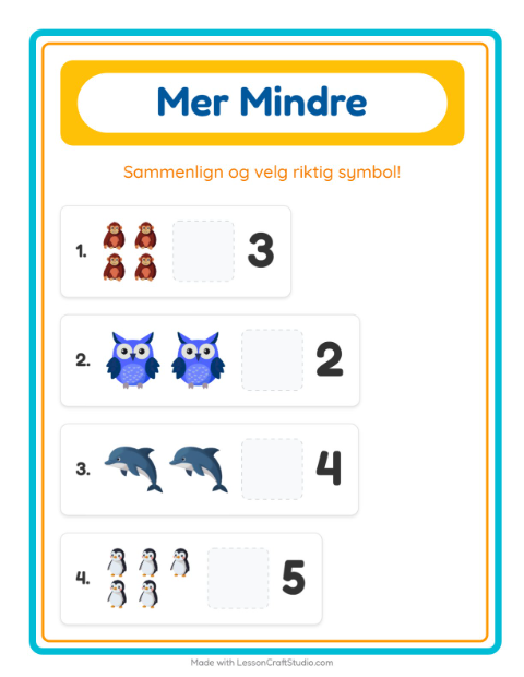 Forhåndsvisning av Mer Eller Mindre-arbeidsark med Dyr for Barnehage (3-5 år)