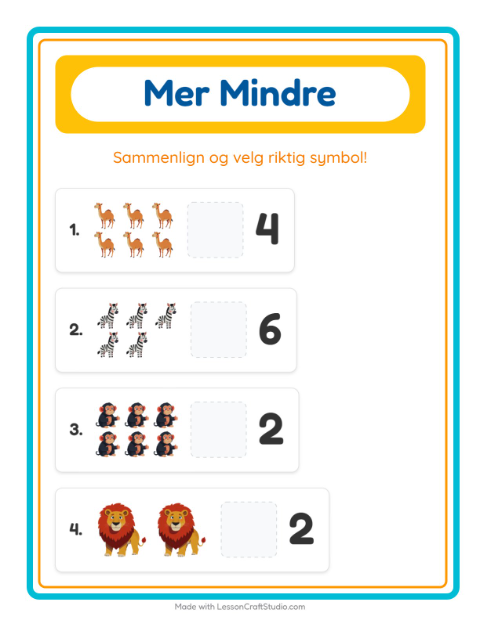 Forhåndsvisning av Mer Eller Mindre-arbeidsark med Dyrehagedyr for Barnehage (3-5 år)