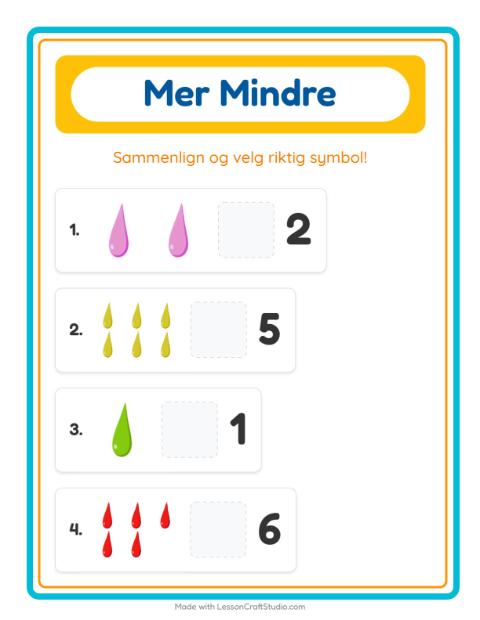 Forhåndsvisning av Mer Eller Mindre-arbeidsark med Farger for Barnehage (3-5 år)