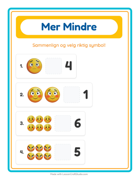 Forhåndsvisning av Mer Eller Mindre-arbeidsark med Følelser for Barnehage (3-5 år)