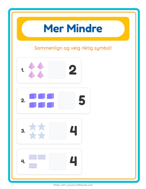 Forhåndsvisning av Mer Eller Mindre-arbeidsark med Former for Barnehage (3-5 år)