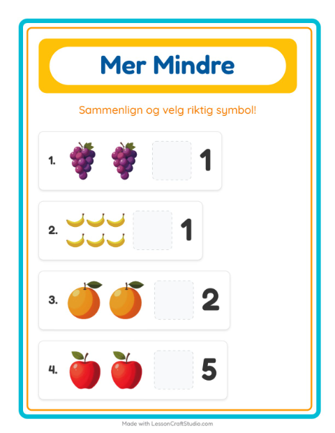 Forhåndsvisning av Mer Eller Mindre-arbeidsark med Frokost for Barnehage (3-5 år)