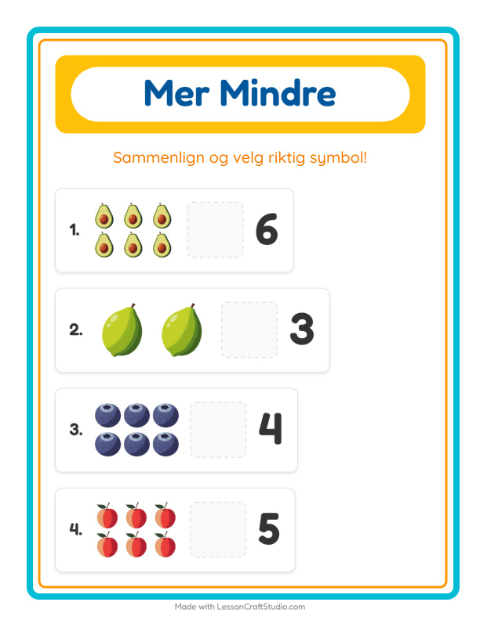 Forhåndsvisning av Mer Eller Mindre-arbeidsark med Frukter for Barnehage (3-5 år)