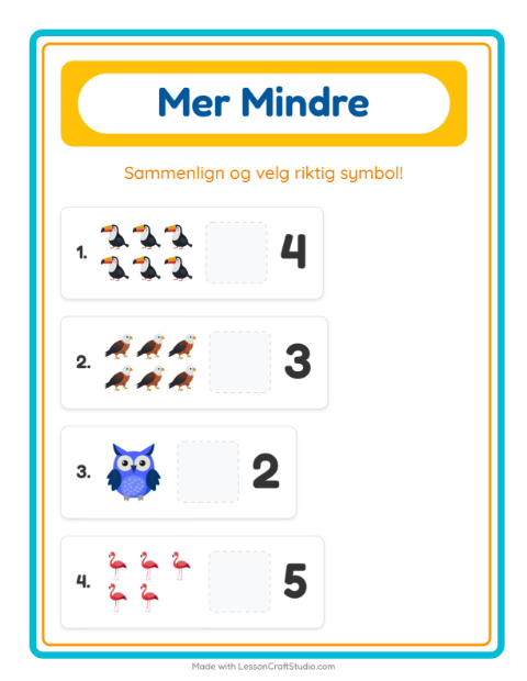 Forhåndsvisning av Mer Eller Mindre-arbeidsark med Fugler for Barnehage (3-5 år)