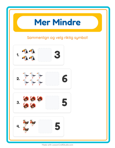 Forhåndsvisning av Mer Eller Mindre-arbeidsark med Fugler 2 for Barnehage (3-5 år)