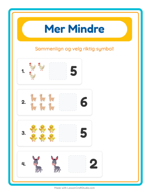 Forhåndsvisning av Mer Eller Mindre-arbeidsark med Gårdsdyr for Barnehage (3-5 år)