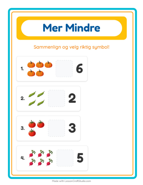 Forhåndsvisning av Mer Eller Mindre-arbeidsark med Grønnsaker for Barnehage (3-5 år)