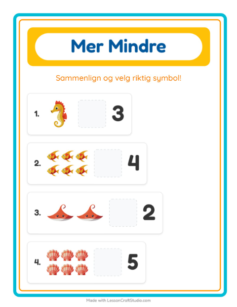 Forhåndsvisning av Mer Eller Mindre-arbeidsark med Havliv for Barnehage (3-5 år)