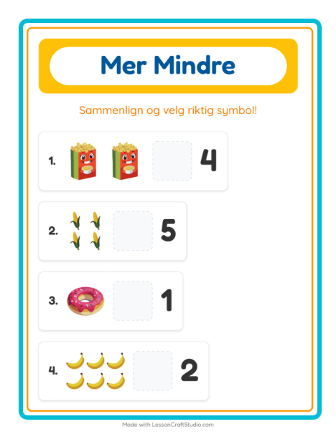 Forhåndsvisning av Mer Eller Mindre-arbeidsark med I supermarkedet for Barnehage (3-5 år)
