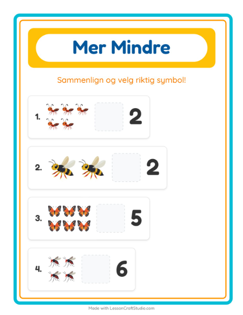 Forhåndsvisning av Mer Eller Mindre-arbeidsark med Insekter og kryp for Barnehage (3-5 år)