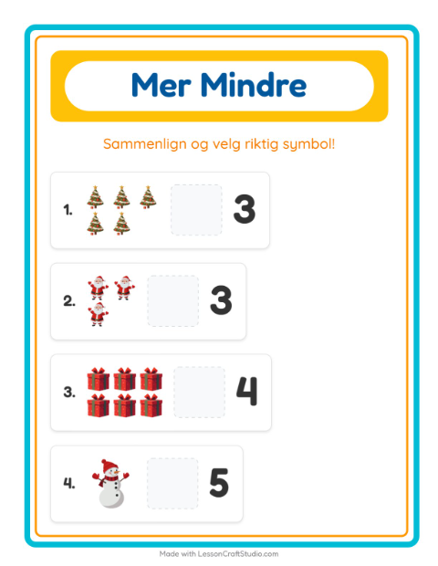 Forhåndsvisning av Mer Eller Mindre-arbeidsark med Jul for Barnehage (3-5 år)
