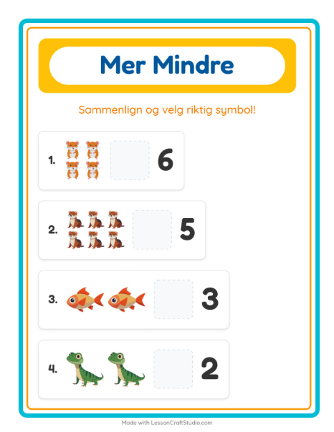 Forhåndsvisning av Mer Eller Mindre-arbeidsark med Kjæledyr for Barnehage (3-5 år)