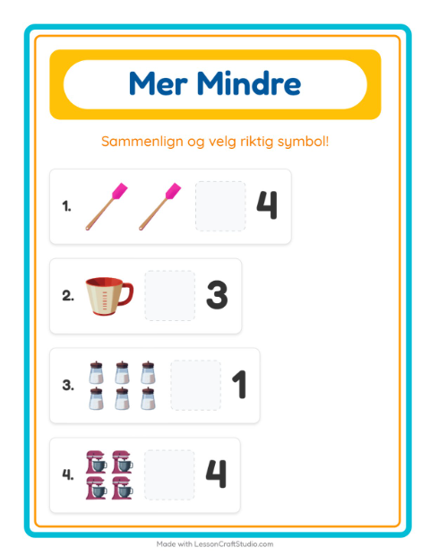 Forhåndsvisning av Mer Eller Mindre-arbeidsark med Kjøkkenredskaper for Barnehage (3-5 år)
