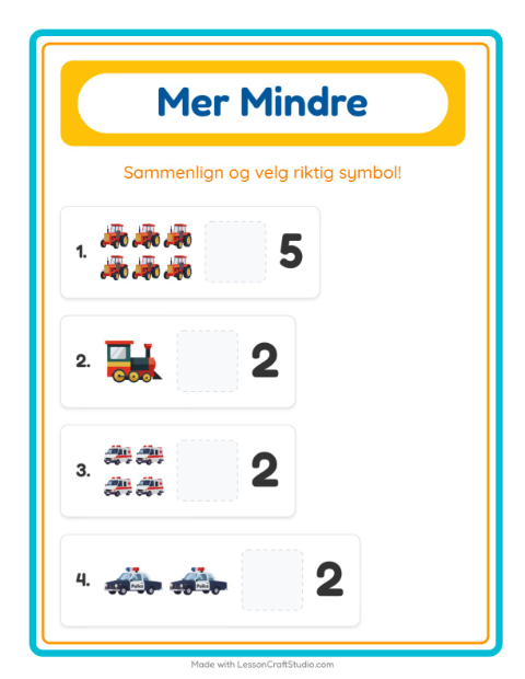 Forhåndsvisning av Mer Eller Mindre-arbeidsark med Kjøretøy for Barnehage (3-5 år)