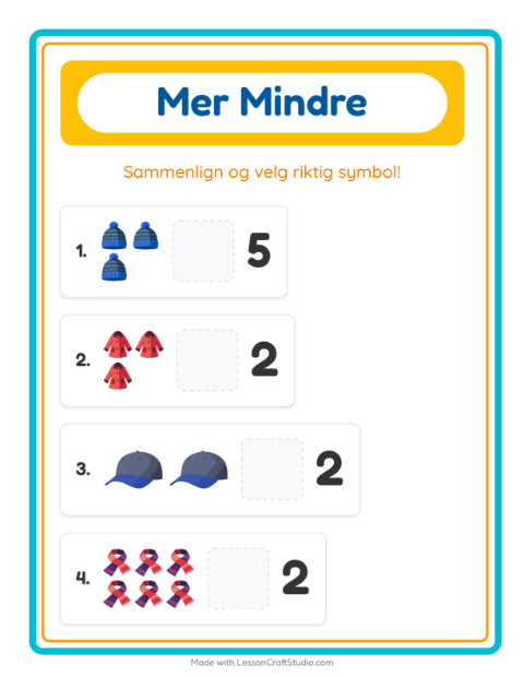 Forhåndsvisning av Mer Eller Mindre-arbeidsark med Klær for Barnehage (3-5 år)