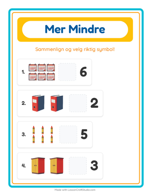 Forhåndsvisning av Mer Eller Mindre-arbeidsark med Klasserom for Barnehage (3-5 år)