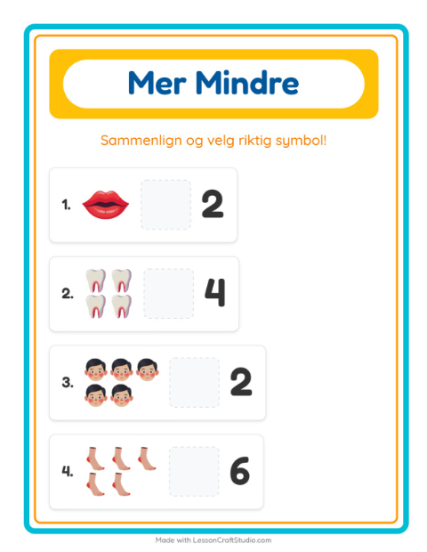 Forhåndsvisning av Mer Eller Mindre-arbeidsark med Kroppsdeler for Barnehage (3-5 år)