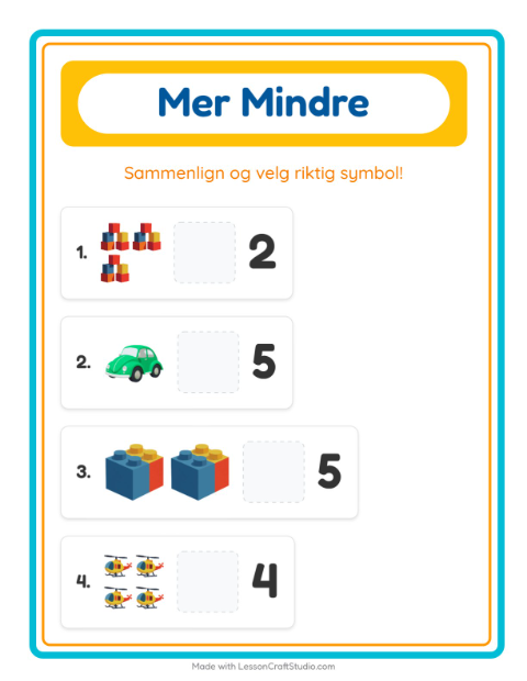 Forhåndsvisning av Mer Eller Mindre-arbeidsark med Leker for Barnehage (3-5 år)
