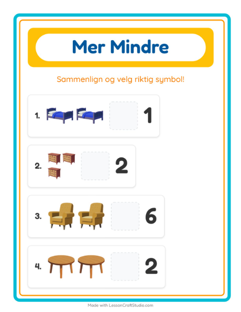 Forhåndsvisning av Mer Eller Mindre-arbeidsark med Møbler for Barnehage (3-5 år)