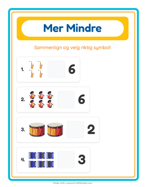 Forhåndsvisning av Mer Eller Mindre-arbeidsark med Musikk for Barnehage (3-5 år)