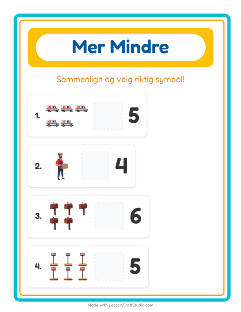 Forhåndsvisning av Mer Eller Mindre-arbeidsark med Postkontor for Barnehage (3-5 år)