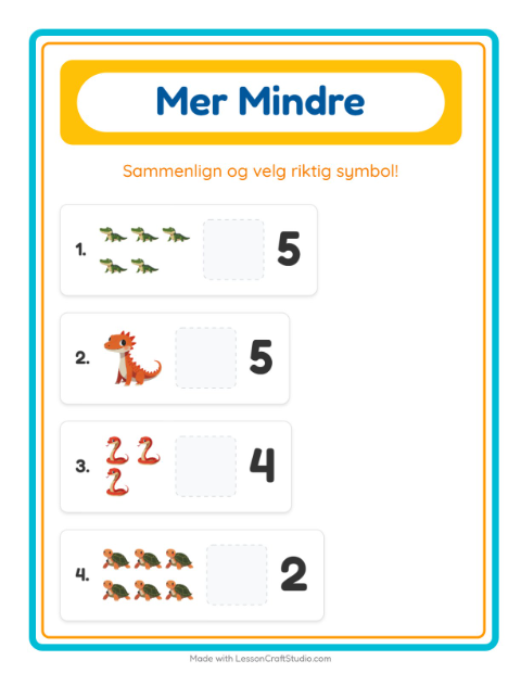 Forhåndsvisning av Mer Eller Mindre-arbeidsark med Reptiler og amfibier for Barnehage (3-5 år)