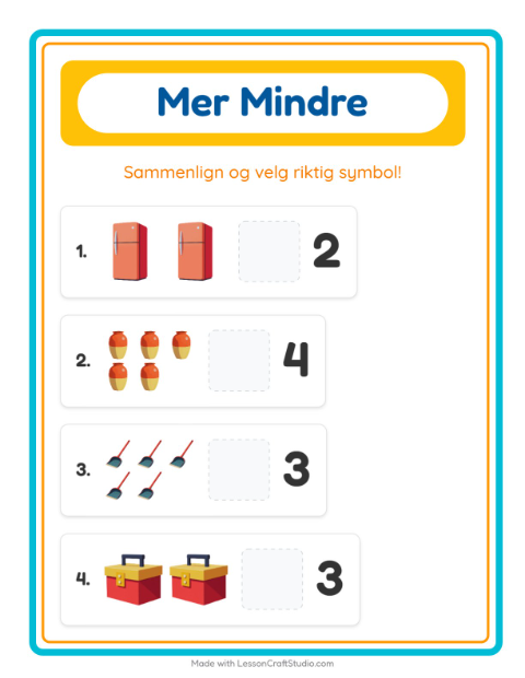 Forhåndsvisning av Mer Eller Mindre-arbeidsark med Rundt i huset for Barnehage (3-5 år)