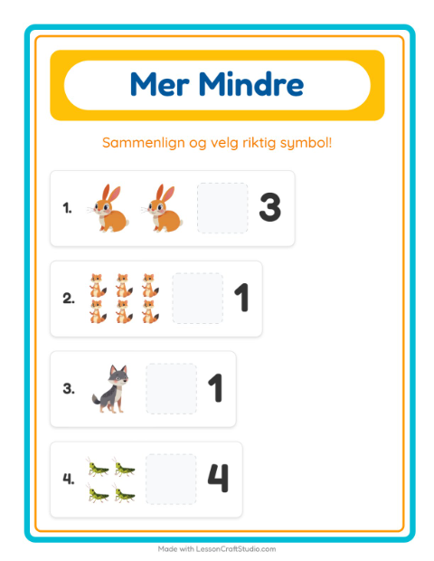 Forhåndsvisning av Mer Eller Mindre-arbeidsark med Skogsdyr for Barnehage (3-5 år)
