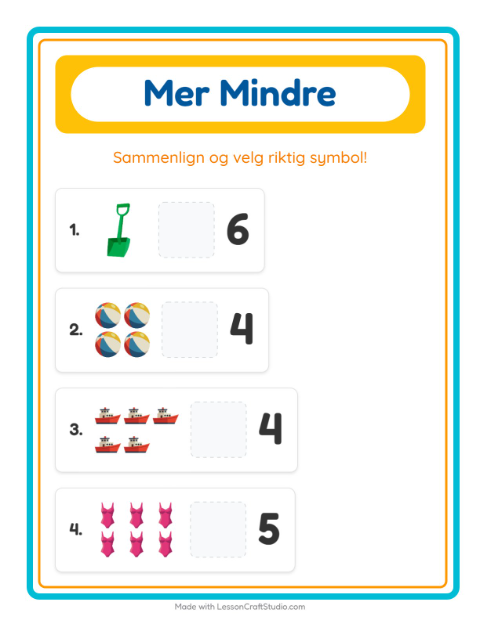Forhåndsvisning av Mer Eller Mindre-arbeidsark med Strand for Barnehage (3-5 år)