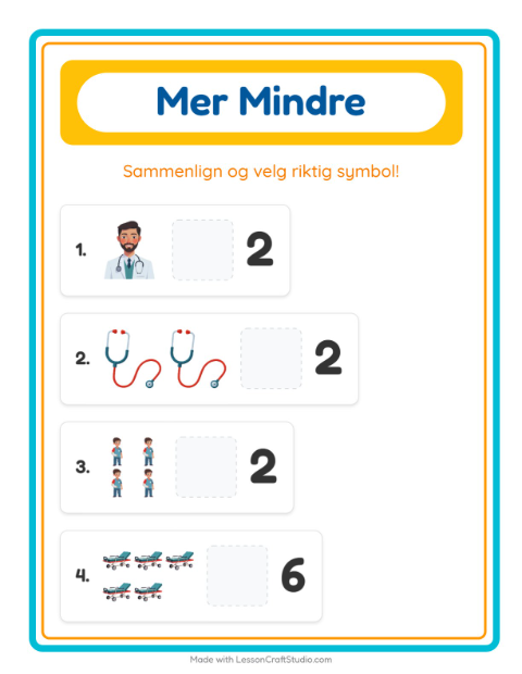 Forhåndsvisning av Mer Eller Mindre-arbeidsark med Sykehus for Barnehage (3-5 år)