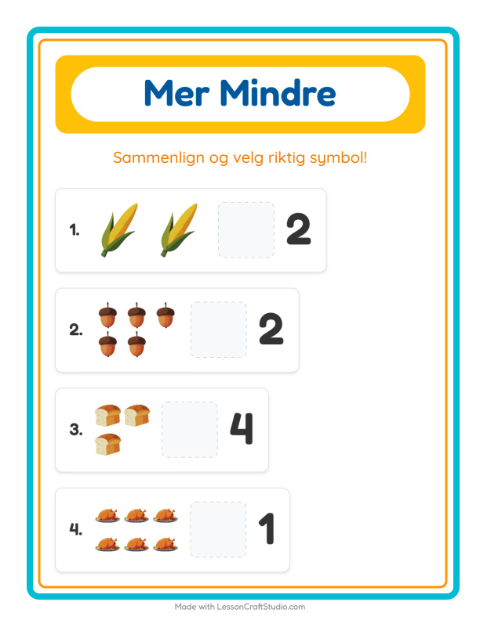 Forhåndsvisning av Mer Eller Mindre-arbeidsark med Thanksgiving for Barnehage (3-5 år)