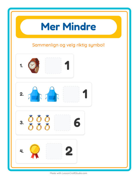 Forhåndsvisning av Mer Eller Mindre-arbeidsark med Tilbehør for Barnehage (3-5 år)
