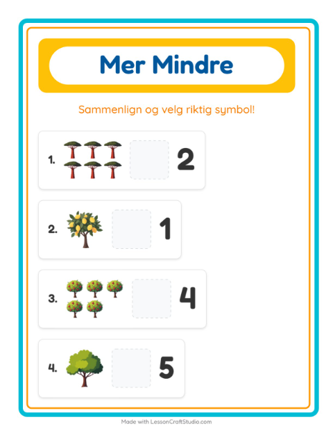 Forhåndsvisning av Mer Eller Mindre-arbeidsark med Trær for Barnehage (3-5 år)