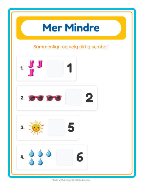Forhåndsvisning av Mer Eller Mindre-arbeidsark med Vær for Barnehage (3-5 år)