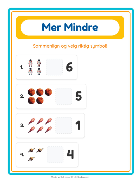 Forhåndsvisning av Mer Eller Mindre-arbeidsark med Verdensrommet for Barnehage (3-5 år)