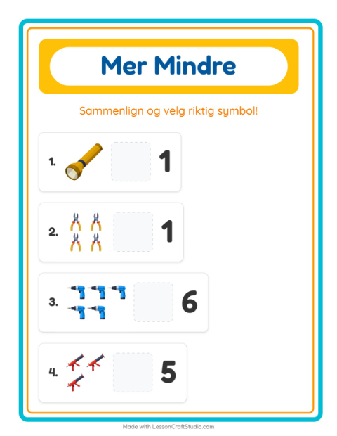 Forhåndsvisning av Mer Eller Mindre-arbeidsark med Verktøy for Barnehage (3-5 år)