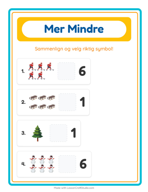 Forhåndsvisning av Mer Eller Mindre-arbeidsark med Vinter for Barnehage (3-5 år)