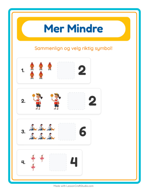 Forhåndsvisning av Mer Eller Mindre-arbeidsark med Yrker for Barnehage (3-5 år)