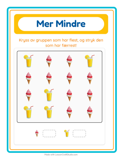Forhåndsvisning av Mer Eller Mindre-arbeidsark med 4. juli for Barnehage (3-5 år)