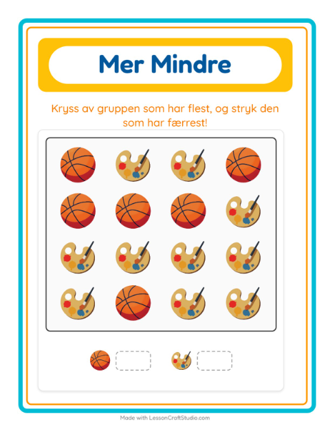 Forhåndsvisning av Mer Eller Mindre-arbeidsark med Aktiviteter for Barnehage (3-5 år)