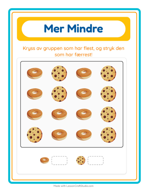 Forhåndsvisning av Mer Eller Mindre-arbeidsark med Bakeri for Barnehage (3-5 år)