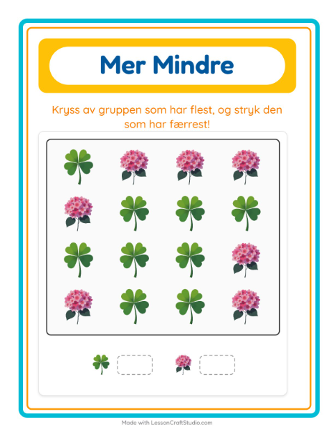 Forhåndsvisning av Mer Eller Mindre-arbeidsark med Blomster for Barnehage (3-5 år)