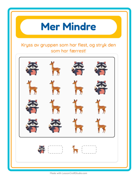 Forhåndsvisning av Mer Eller Mindre-arbeidsark med Camping for Barnehage (3-5 år)