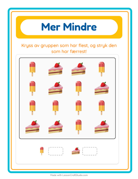 Forhåndsvisning av Mer Eller Mindre-arbeidsark med Desserter og godteri for Barnehage (3-5 år)