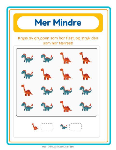 Forhåndsvisning av Mer Eller Mindre-arbeidsark med Dinosaurer for Barnehage (3-5 år)